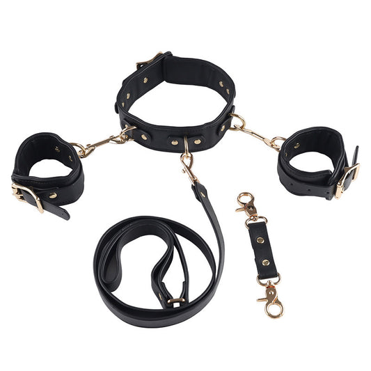 Black Exquisite PU Leather Neck and Hand Bondage Suit – BDSM Restraint Set for Couples