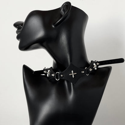 Cross Gothic PU Leather Collar with bold cross design, adjustable gothic choker.