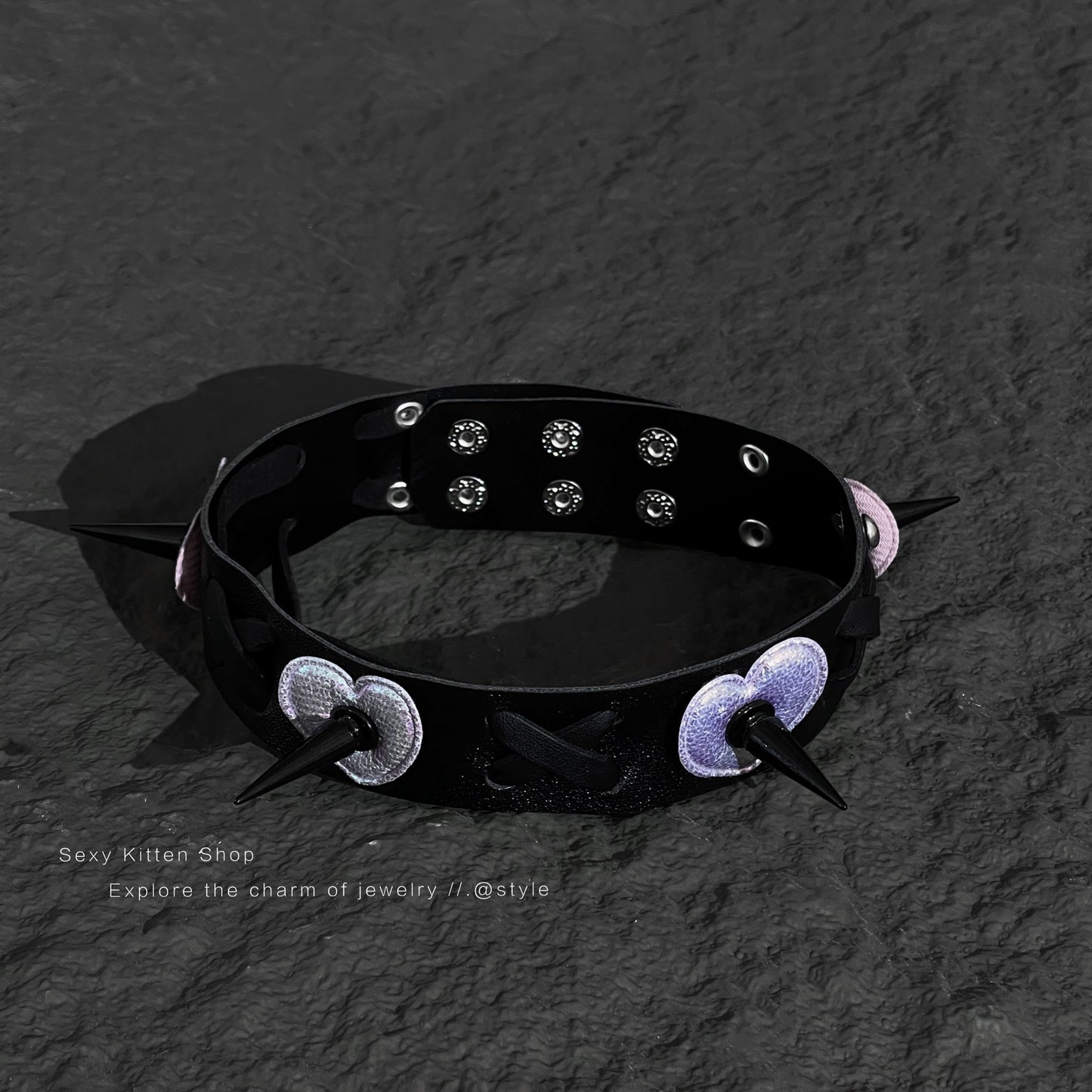 Cute Sweet Gothic PU Leather Collar with heart and bow details, perfect for daily wear or gothic fashion.