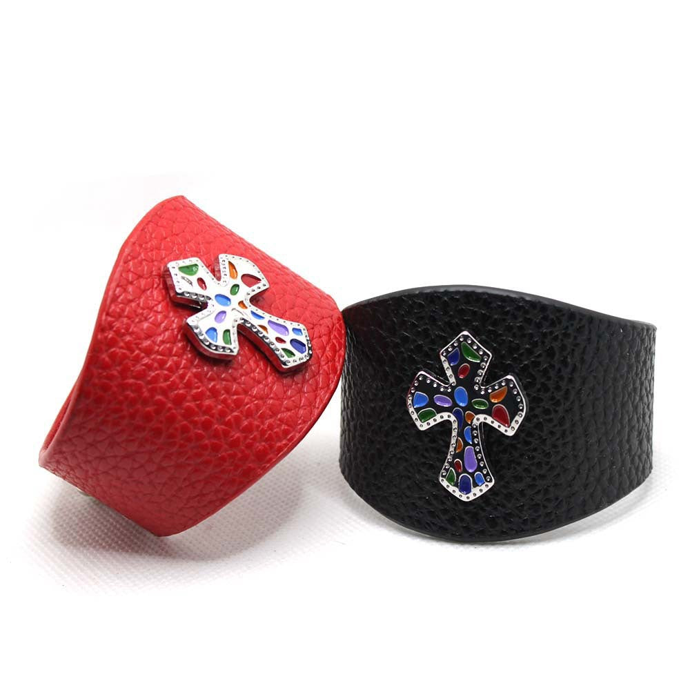 Fashionable Wide PU Leather Colorful Cross Bracelet – Trendy accessory for fashion lovers