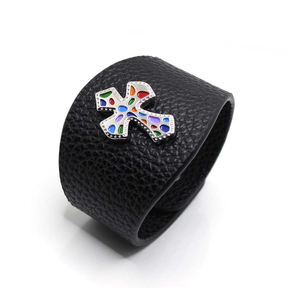 Fashionable Wide PU Leather Colorful Cross Bracelet – Trendy accessory for fashion lovers