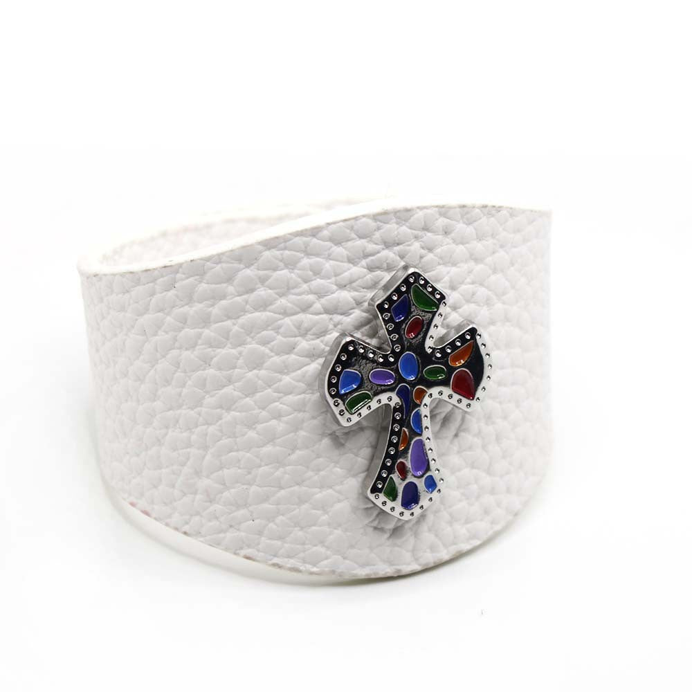 Fashionable Wide PU Leather Colorful Cross Bracelet – Trendy accessory for fashion lovers