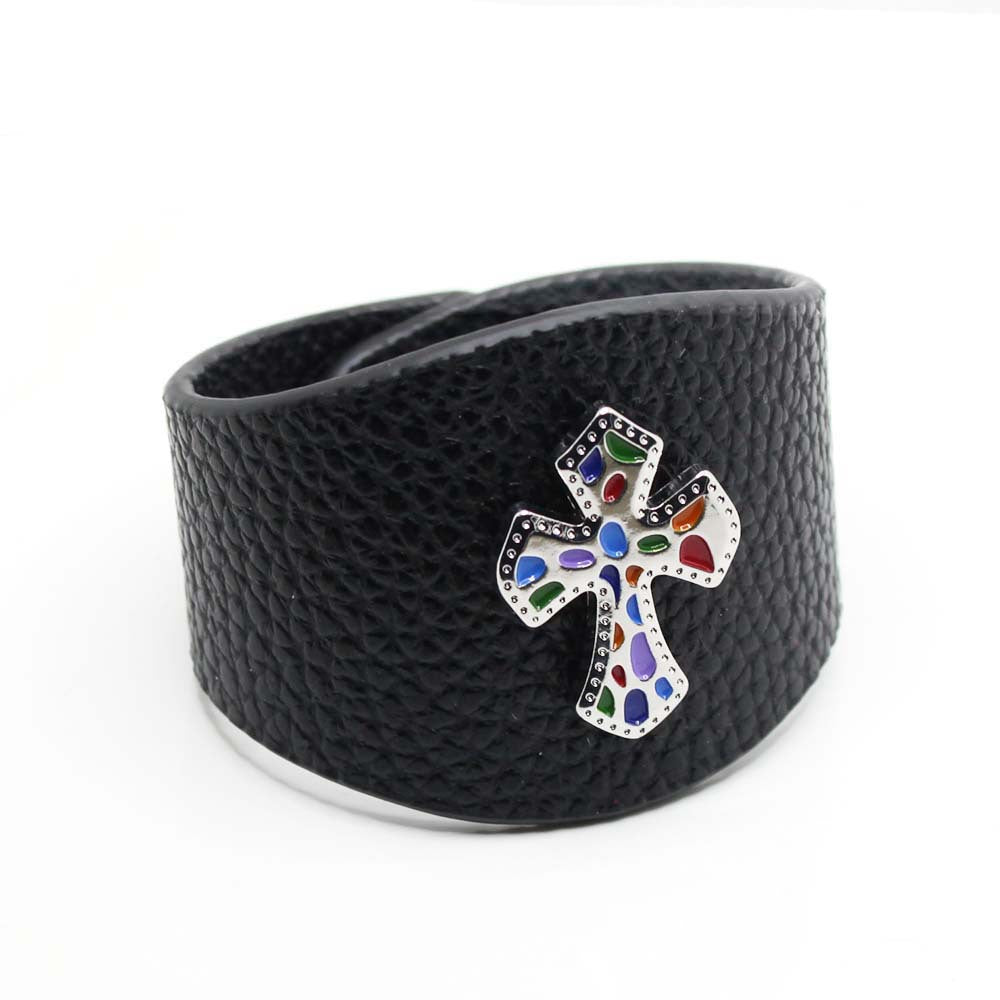 Fashionable Wide PU Leather Colorful Cross Bracelet – Trendy accessory for fashion lovers