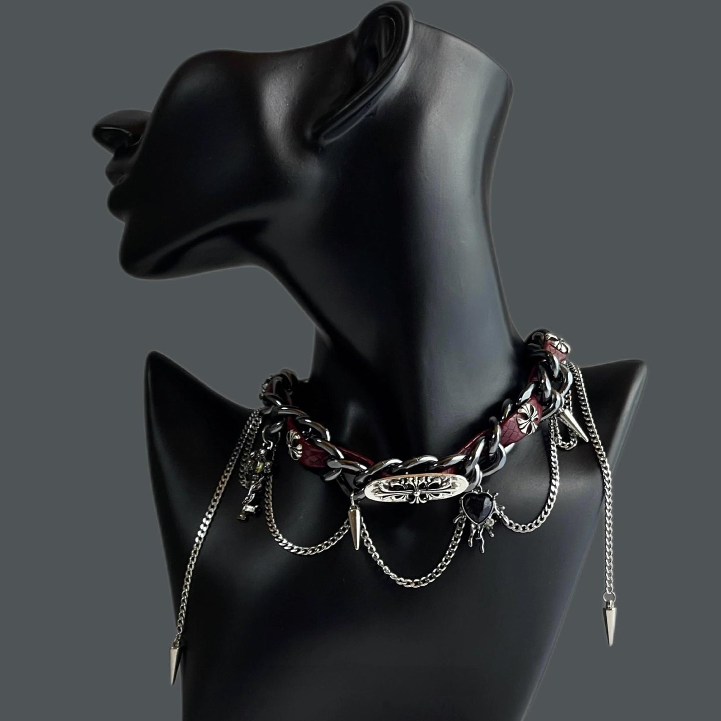 Gothic PU leather collar with rivet details and cross pendant